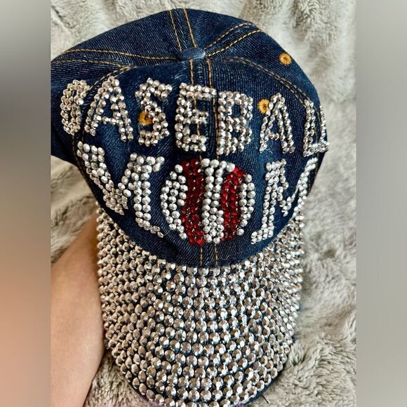 NEW Denim Cap “Baseball Mom” Adjustable Hat Bling Blinged Out w/Distressed Visor - Picture 2 of 5